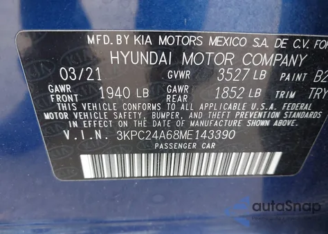 2021 Hyundai Accent Se z USA, uszkodzony, nr VIN 3KPC24A68ME143390